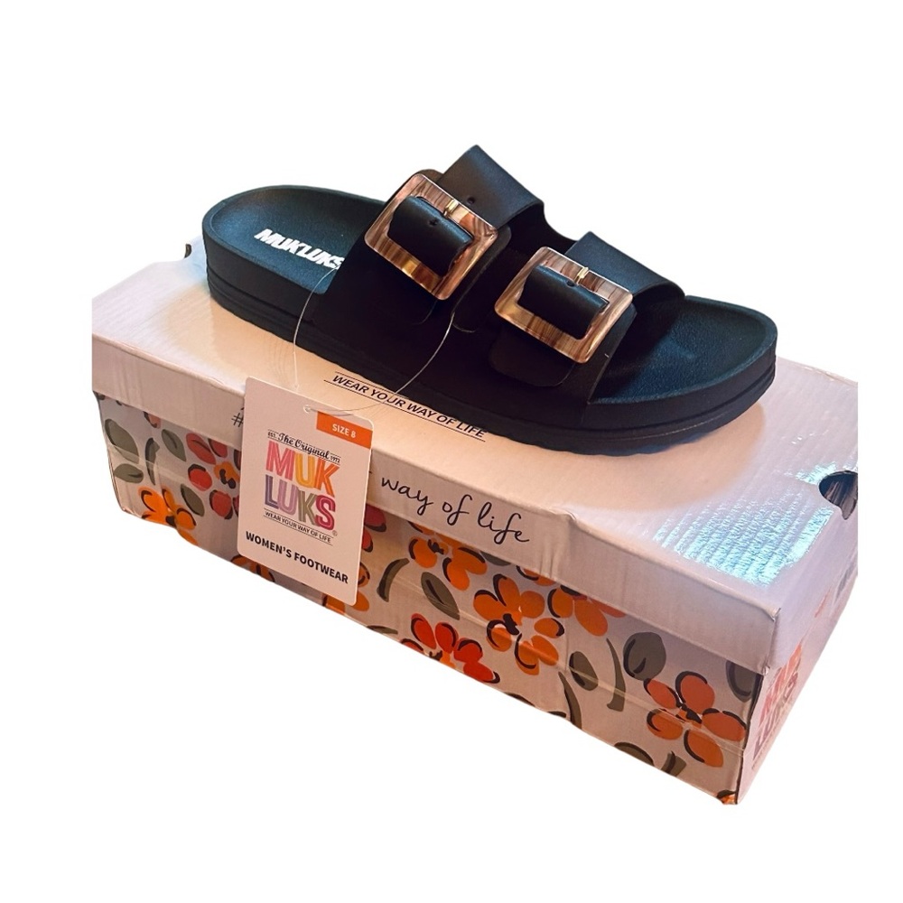Black Slide Sandals with Rose Gold Buckles - Picture 14 of 16